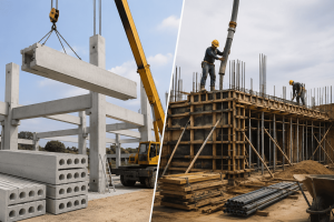 Comparación entre un sistema de construcción con prefabricados de concreto y una obra de construcción tradicional en proceso de ejecución.